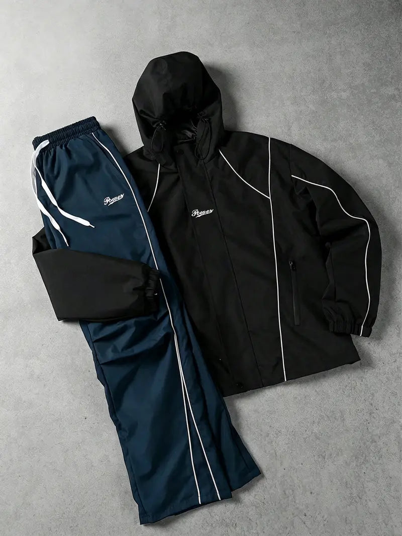 Men’s Streetwear 2-Piece Tracksuit Set, Hooded Windbreaker Jacket & Wide Leg Trousers with Contrasting Line Design, Lightweight Wind-Resistant for Urban Hangouts & Sports