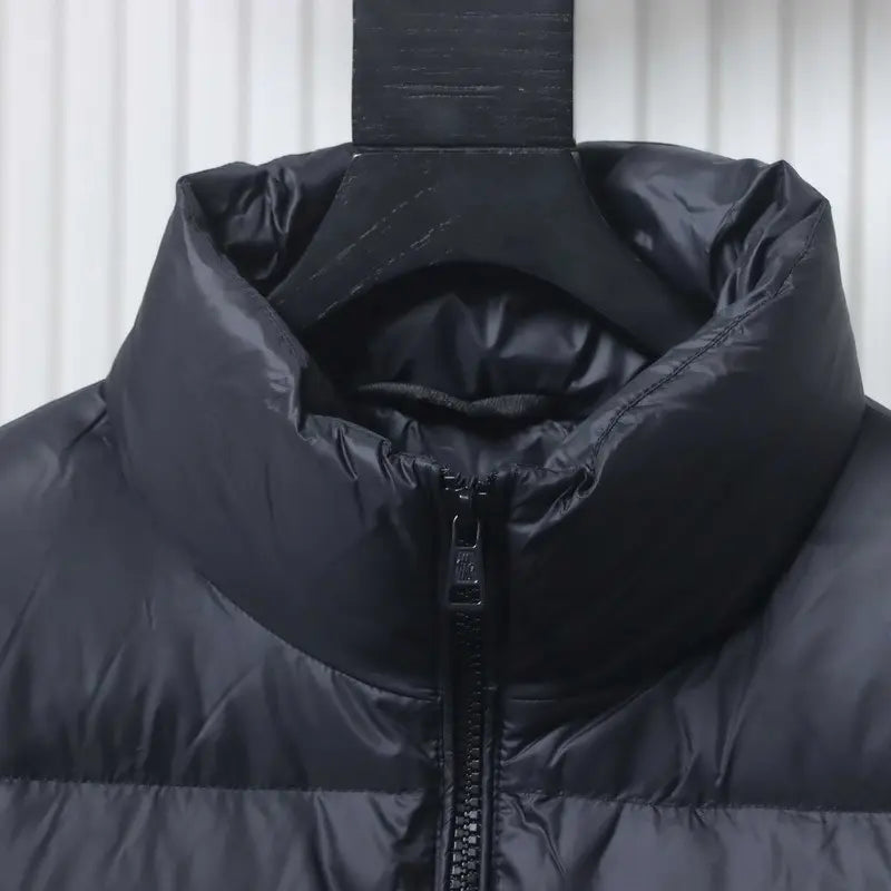 Comfy Warm Shiny Nylon Stand Collar Puffer Outerwear, Black Windproof Quilted Jacket