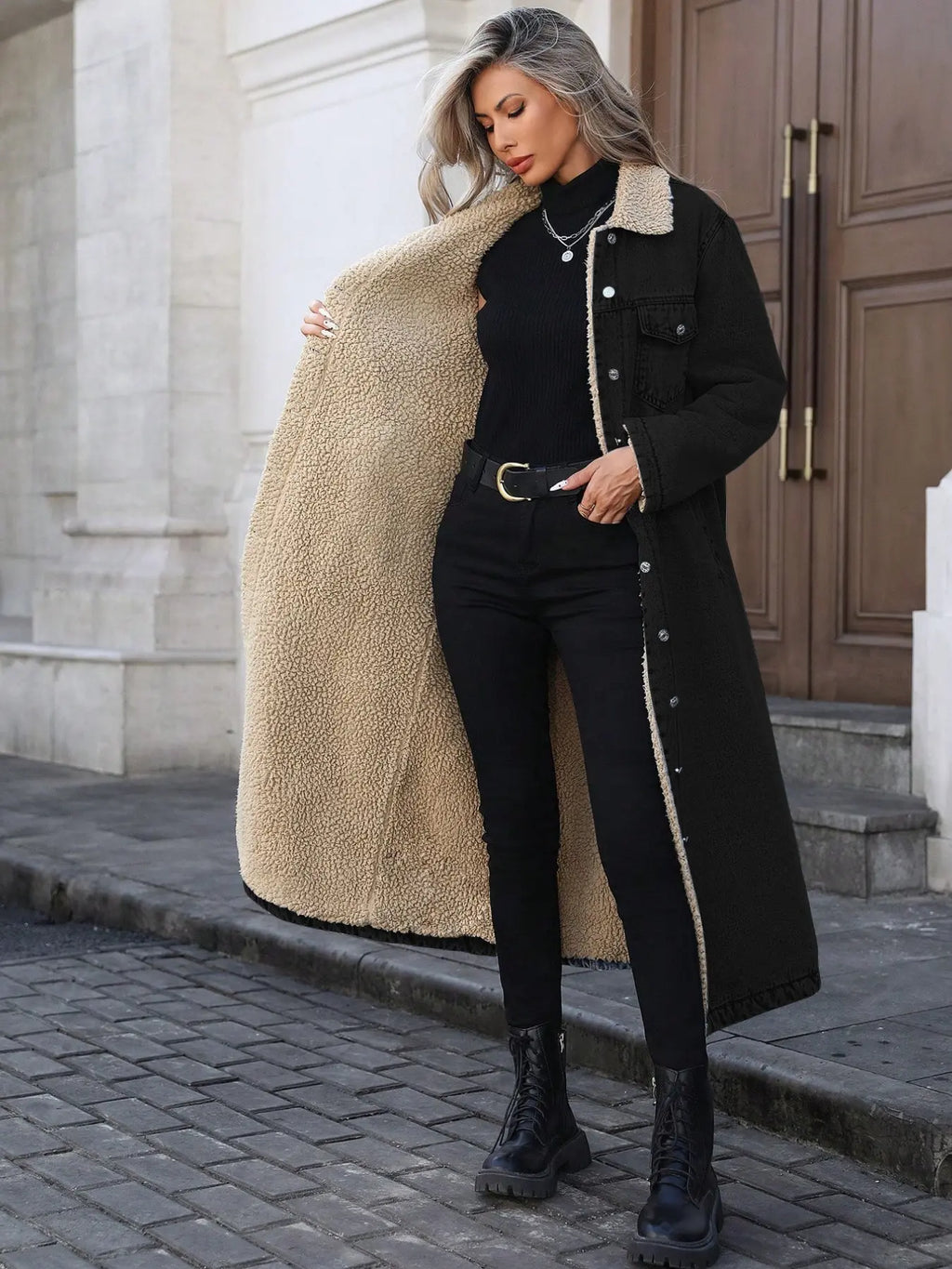 Women's Fall Winter Chic Fashion Long Cozy Denim Jacket with Long Sleeves, Elegant Lapel Single Button Fleece Lined Warm Coat, Casual Versatile Outerwear