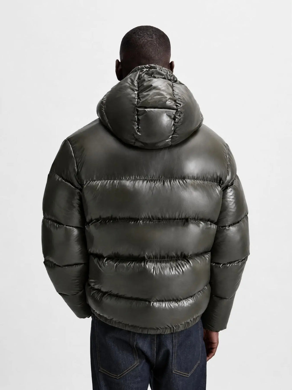 Men's Glossy Hooded Puffer Jacket, Full Zip Quilted Outerwear with Elastic Cuffs for Fall Winter Streetwear & Everyday Layering, Model Wears One Size Up for a Relaxed Look