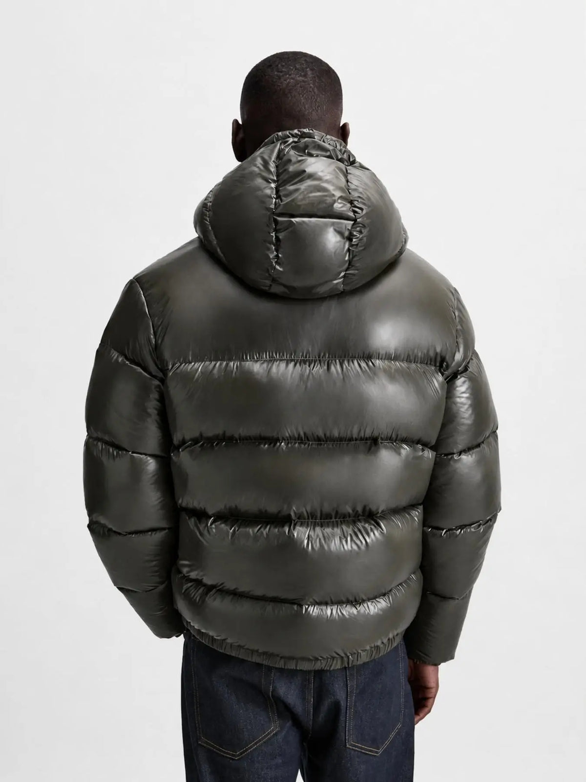 Men's Glossy Hooded Puffer Jacket, Full Zip Quilted Outerwear with Elastic Cuffs for Fall Winter Streetwear & Everyday Layering, Model Wears One Size Up for a Relaxed Look