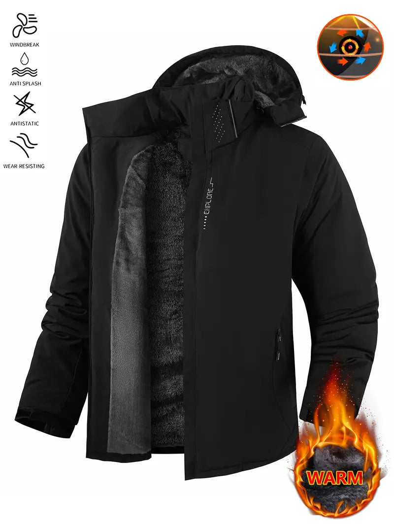 Men’s thickened waterproof windproof outdoor hooded ski jacket, slim-fit all-season sports outerwear suitable for winter camping and hiking, with a windproof hood