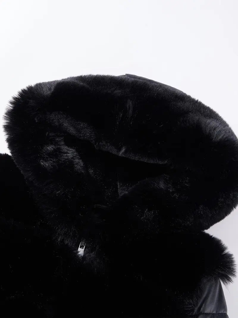 Women's Elegant Chic puffer Coat with Fleece Trim, Faux Fur & Belt, Mid-Length Fall Winter Hooded Fitted Woven Jacket, Warm Daily Wear Outerwear Tops, Womenswear