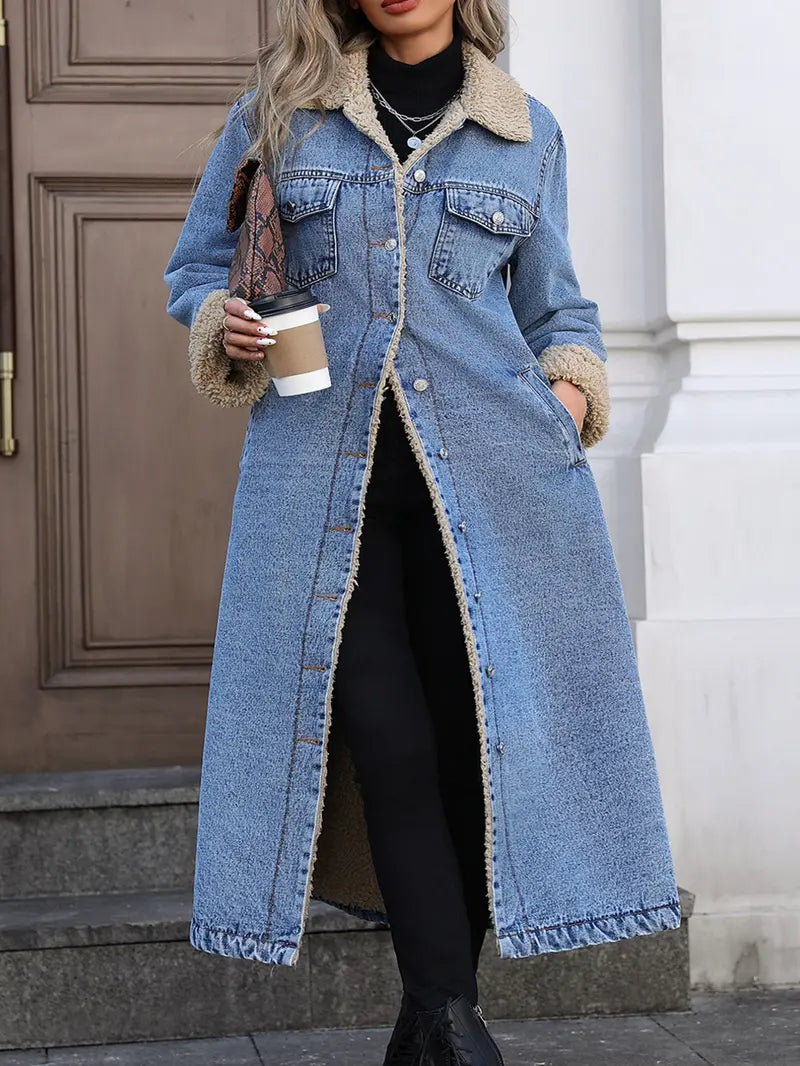 Women's Fall and Winter Casual Loose-Fit Long Jacket, Elegant Turn-Down Collar Warm-Lined Denim Coat for Plus-Size Women