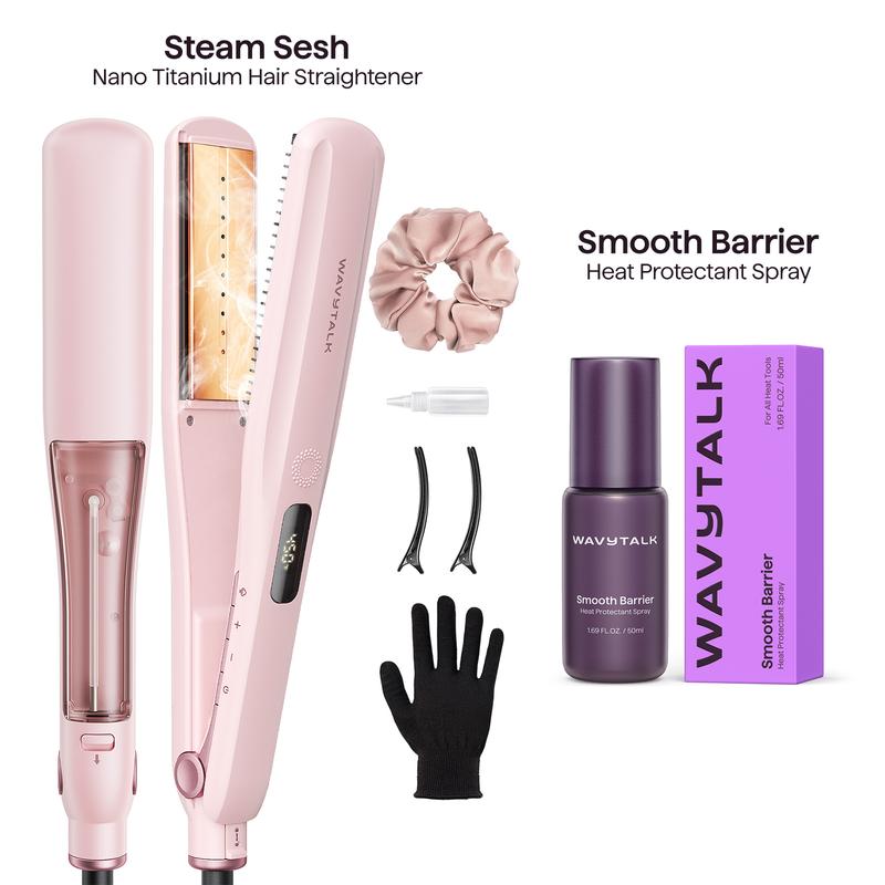 Wavytalk Steam Sesh Hair Straightener and Smooth Barrier Heat Protectant Spray Set, Hair Products, Silky Straight Hair