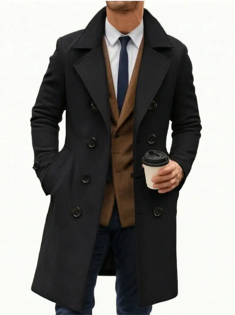 Men’s long trench coat jacket with notched lapel collar, double-breasted design, slim fit, classic mid-length overcoat