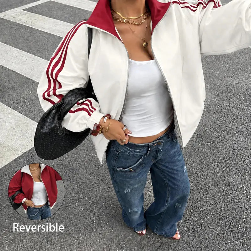 Women Reversible Zip Up Track Jacket, Striped Sleeve Stand Collar Windbreaker, Two Wear Ways Loose Drop Shoulder Outerwear, Elastic Cuffs Casual Athletic Coat, Lightweight Reversible Sport Jacket For Daily Streetwear, Shopping And Weekend Hangouts
