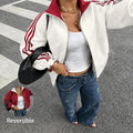 Women Reversible Zip Up Track Jacket, Striped Sleeve Stand Collar Windbreaker, Two Wear Ways Loose Drop Shoulder Outerwear, Elastic Cuffs Casual Athletic Coat, Lightweight Reversible Sport Jacket For Daily Streetwear, Shopping And Weekend Hangouts