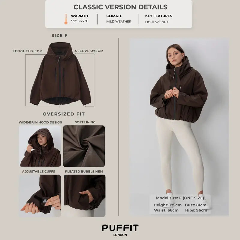 【Restocked】PUFFIT STM-TEX Short One-Size Rain Jacket With Pleated Hem,Hooded Jacket,Waterproof Jacket,Women Jacket,Wide-Brim Hood,Adjustable Cuffs,Zips,Outdoor Sport,Windbreaker,Fall,Winter,Dog Walking,School Running,Stylish,Womenswear,2026 Shopping