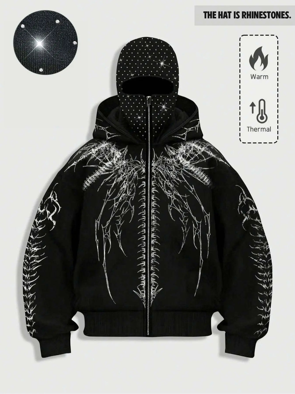double hood rhinestone street casual loose men's zipper hoodie eye print sweatshirt, Graphic print hoodie autumn and winter fleece warm men and women brand Y2K jacket cool nightclub rock hip-hop music festival
