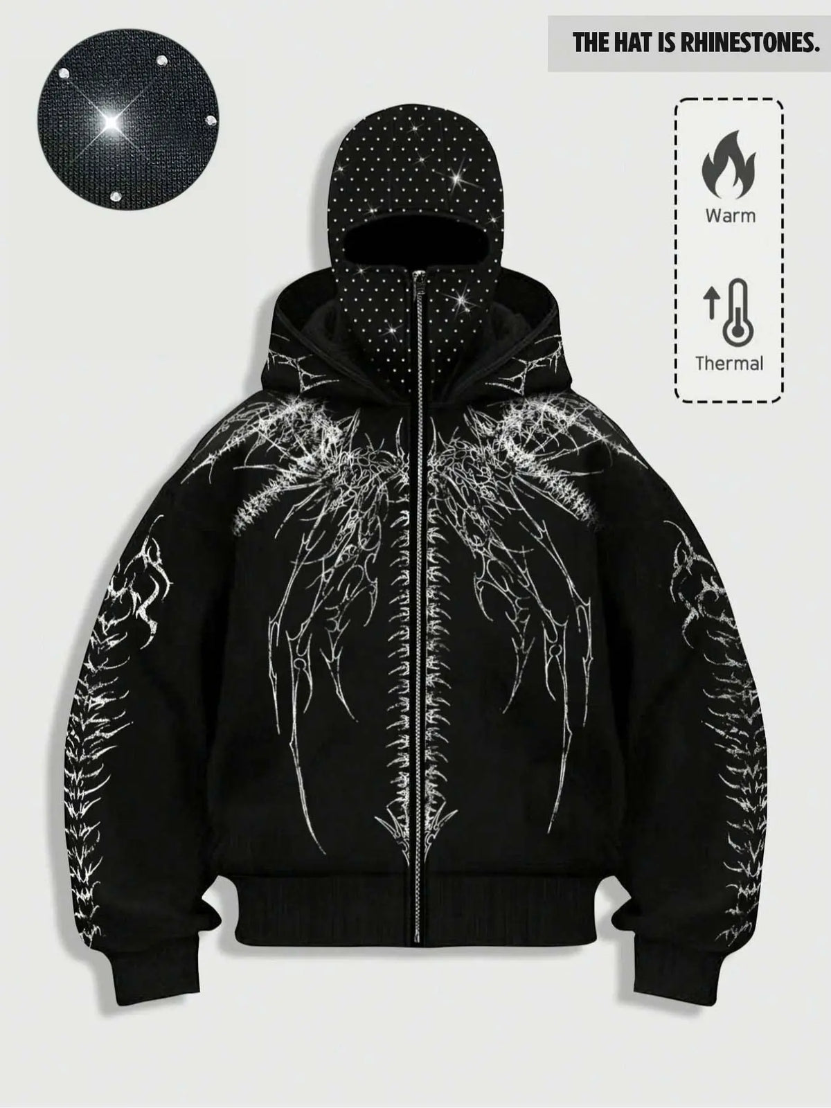 double hood rhinestone street casual loose men's zipper hoodie eye print sweatshirt, Graphic print hoodie autumn and winter fleece warm men and women brand Y2K jacket cool nightclub rock hip-hop music festival
