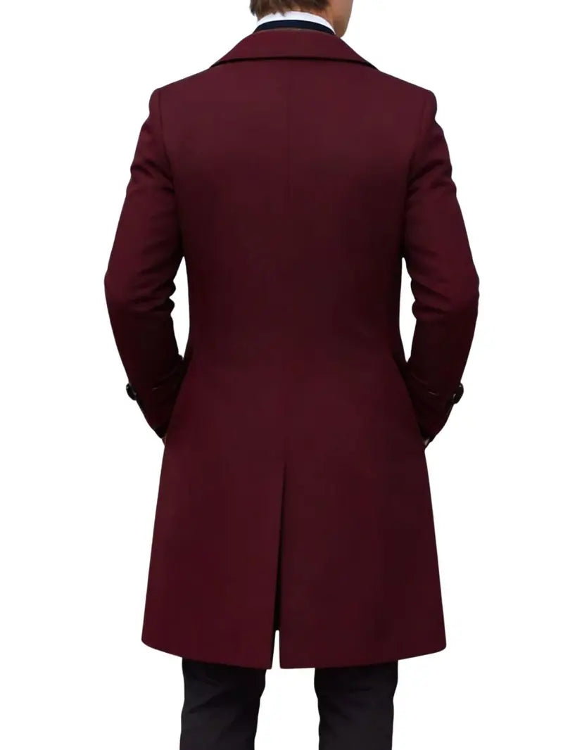 Men’s long trench coat jacket with notched lapel collar, double-breasted design, slim fit, classic mid-length overcoat