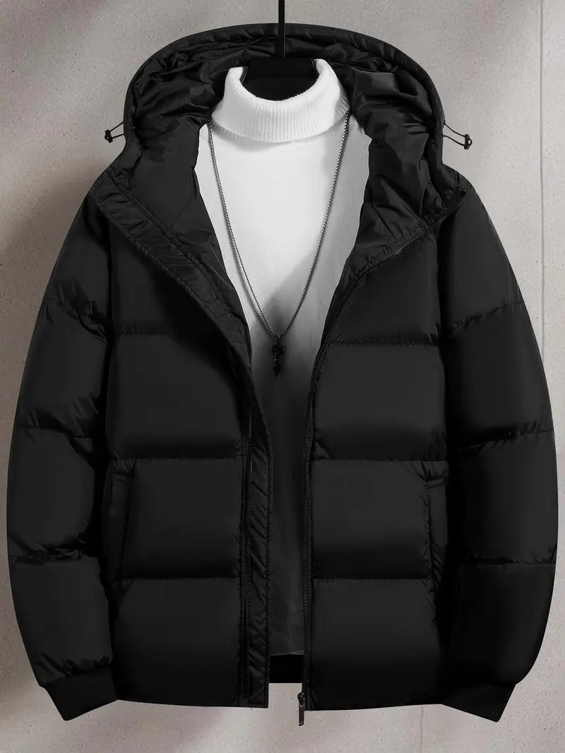 URMCZ Men's Regular-Fit Thick Warm Hooded Puffer Coat - Zip-Up, Long-Sleeve, Fitted, Outer Layer Style Keep Warm Real & Faux Fur Jacket, Padded Extra Coverage Winter Outerwear with Pocket, Casual Menswear for Oktoberfest, Beige/Black Boyfriend-Sty...