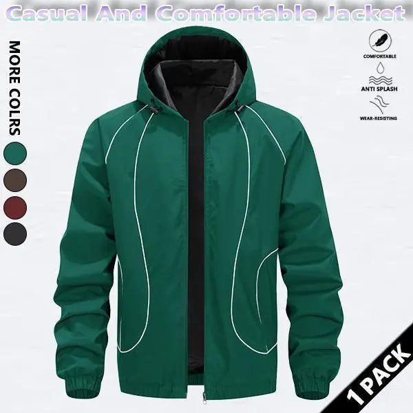 Men's Chic Woven Waterproof Windproof Front Zip Hooded Jacket - Rain-Ready Year-Round Menswear Top Coat with Drawstring, Striped Print, Zipper Pockets, Suitable for Outdoor Activities - SpringStatements
