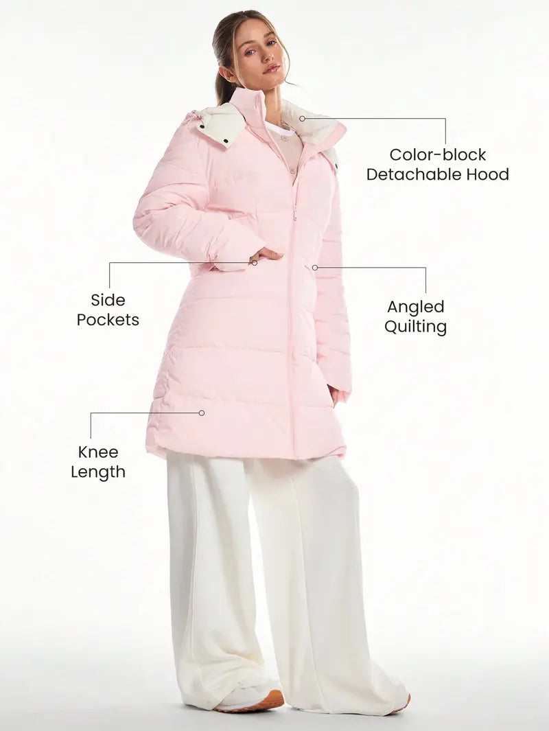 GLOWMODE Chic In Warmth Blizzard Flex Matte Soft Cozy Insulating Zipper Snap Button Closure Pockets Detachable Hood Hip-To-Mid-Knee Length Puffer Jacket Autumn Winter Outdoors Daily Casual Wear
