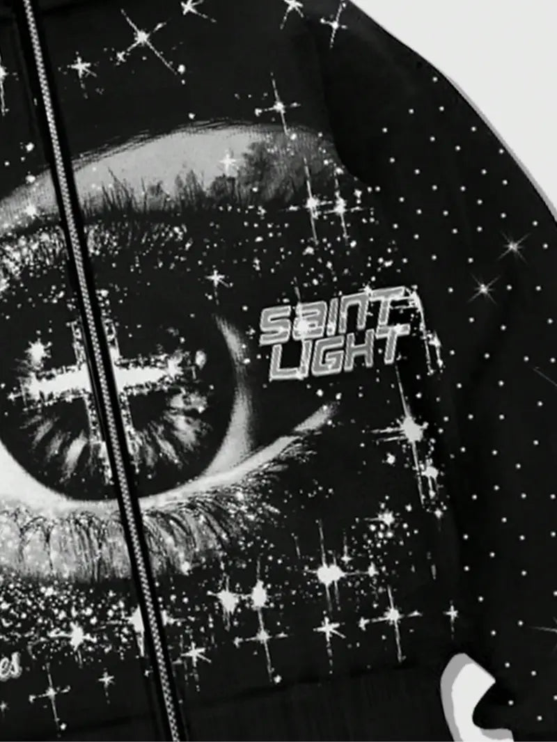 double hood rhinestone street casual loose men's zipper hoodie eye print sweatshirt, Graphic print hoodie autumn and winter fleece warm men and women brand Y2K jacket cool nightclub rock hip-hop music festival