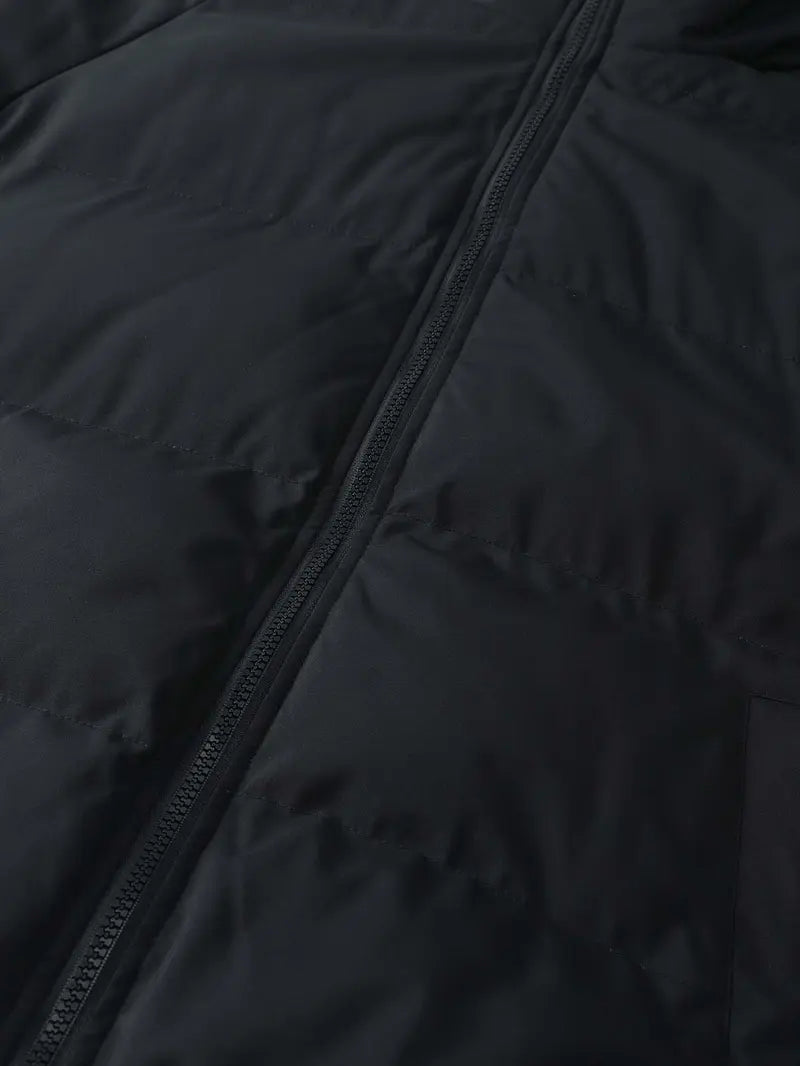 Loose-fit hooded cotton jacket with horizontal topstitching and down filling, full zip closure, basic warm casual cotton jacket