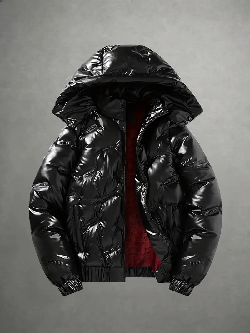 Men's Shiny Glossy Hooded Puffer Jacket, Thick Quilted Windproof and Stylish Warm Coat, Loose Street Style Winter Commute Casual Cold Weather Outerwear, Streetwear Jacket