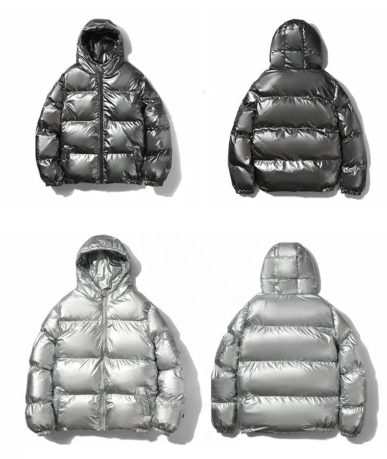 Mens Shiny Glossy Smooth Puffer Jacket - Zip-Up Hooded, Thick Cotton-Padded Menswear Garment, Ribbed, Windproof Thermal, Loose Fit, Clean Minimalist Stylish Casual Streetwear, Side Pockets for Cold Winter Comfort