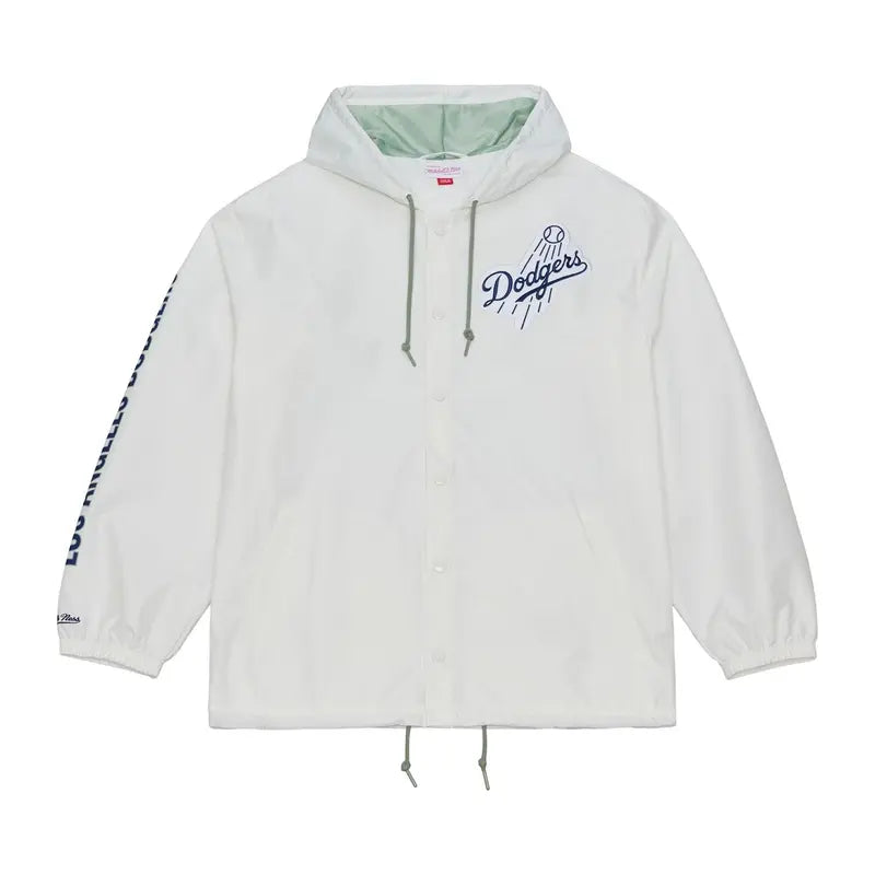 Mitchell & Ness Men's Los Angeles Dodgers White Yacht Rock Coaches Full-Snap Long-Sleeve Hooded Windbreaker Jacket, Menswear Fleece Layer with Adjustable Hem