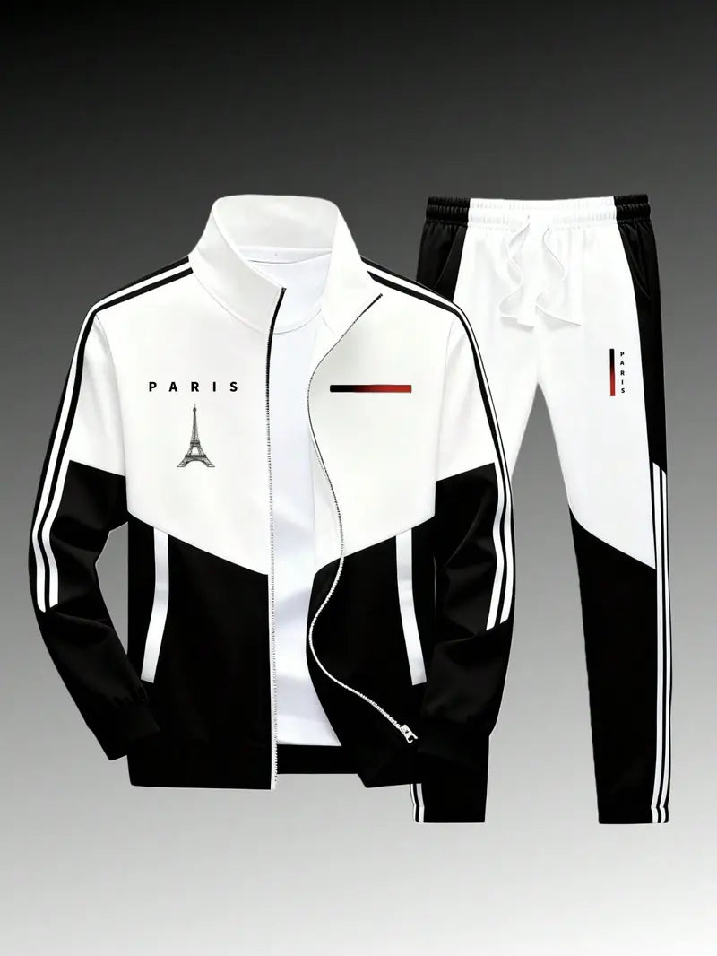 Men's 2-Piece Paris Logo Sportswear Set - Sports Outerwear Jacket & Jogging Pants, Geometric Print, Stand-Up Collar, Zipper Closure, Color-Matching Design, All-Season Streetwear Fashion Apparel Clothes Suits