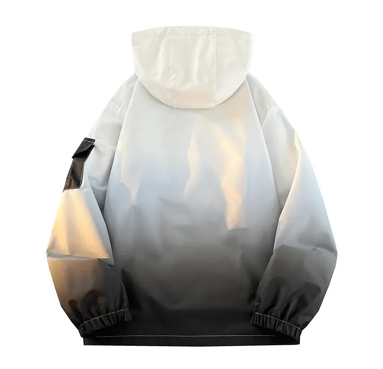 Men’s Gradient Long Sleeve Hooded Work Jacket - Polyester, Loose-Fit, Zip-Up, Multiple Pockets, Windproof, Casual Fashion Outerwear, Modern Style Lightweight Work Jackets, Zip Up Hoodies