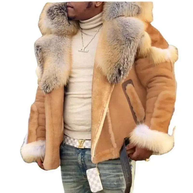 Material Upgrade Thickened Domestic Wearable Quality Men's Faux Leather Velvet Large Fur Collar Long Sleeve Jacket 6516