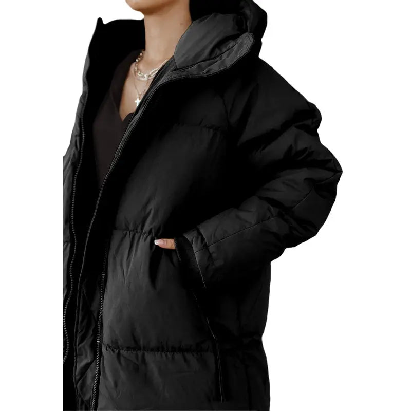 Danedvi Women's Long-Sleeve Soft Padded Quilted Hooded Neck Maxi Down Puffer Jacket - Ribbed Windproof Shell, Pocket, Zippered Closure, Chic Cold-Weather Outerwear, Holiday Gift, Fashionable Basic for Date Outings, Perfect Gift, Down Jacket
