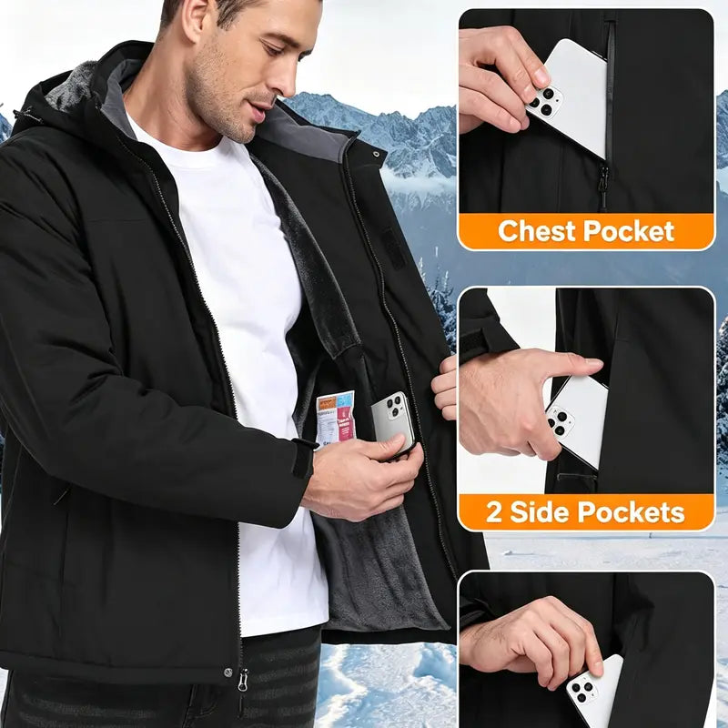 Men’s Thick Regular Polyester Plain Thermal Soft Hooded Fleece Jacket - Water-Resistant, Insulated Sports Outerwear with Pocket, Long Sleeve Shell Outer for Cold Weather Hiking Ski Coat