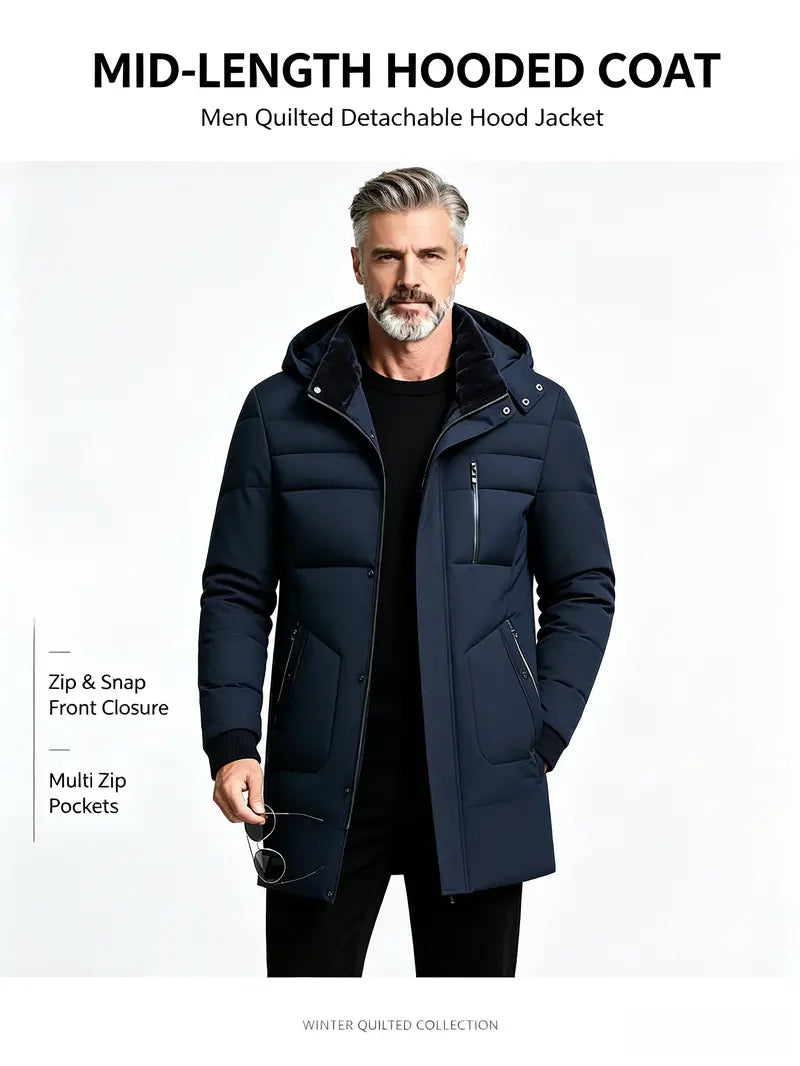 Men's Autumn Winter Mid-Length Hooded Down Coat - Quilted Outerwear Jacket, Coats for Casual Wear, Plain Design, Stylish Zipper-Button Front Closure, Multiple Zippered Pockets, Straight Cut, Casual Topstitching