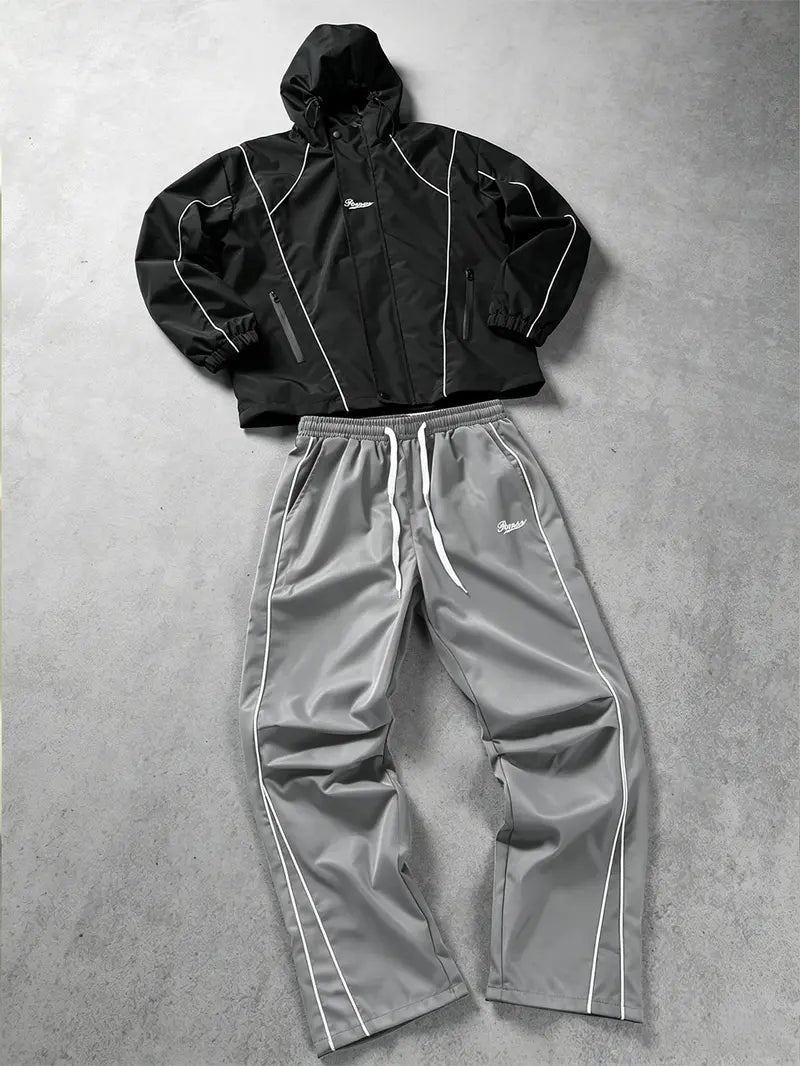 Men’s Streetwear 2-Piece Tracksuit Set, Hooded Windbreaker Jacket & Wide Leg Trousers with Contrasting Line Design, Lightweight Wind-Resistant for Urban Hangouts & Sports