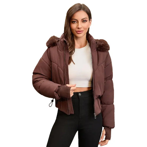 BIGWIG 2025 Fashion Women's Long-Sleeved Short Hooded Down Jacket - Fitted Stand-Up Collar, Quilted Filling, Zipper Closure, Basic Parka for Autumn-Winter Outings, New Year No Excess Bulk Design