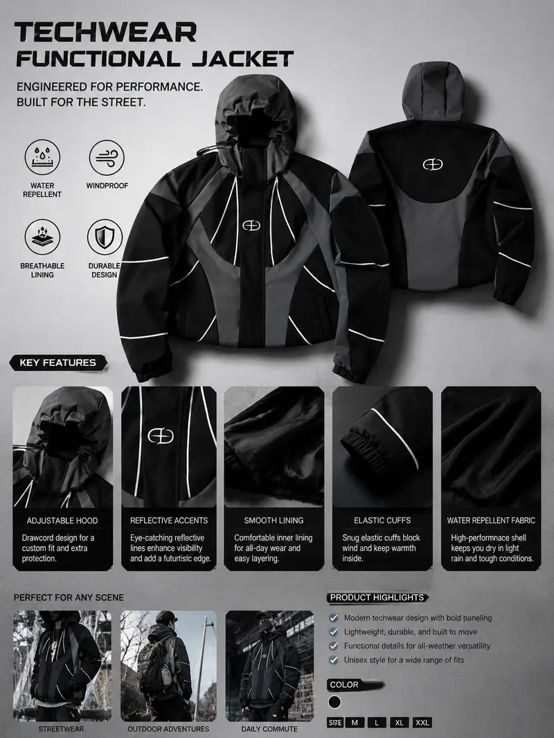 Men's Techwear Hooded Windbreaker - Loose Oversized Zip-Up Utility Coat with Adjustable Hood, Lightweight Cyberpunk Streetwear for Travel, Hiking, Daily Wear, Chic TikTok-Style Outerwear