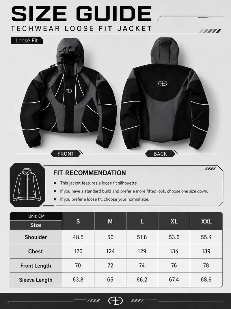 Men's Techwear Hooded Windbreaker - Loose Oversized Zip-Up Utility Coat with Adjustable Hood, Lightweight Cyberpunk Streetwear for Travel, Hiking, Daily Wear, Chic TikTok-Style Outerwear