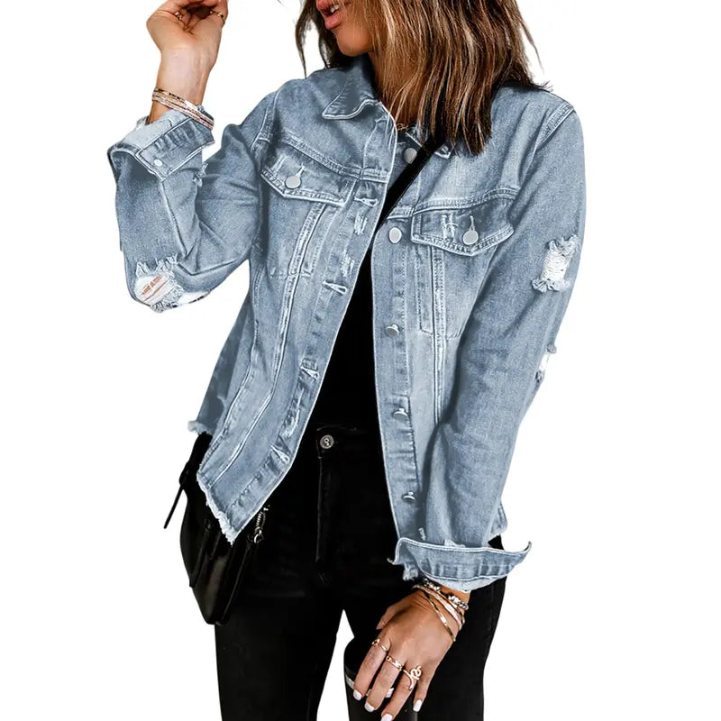EVALESS Women's Casual Short Jean Jackets Non Stretch Distressed Ripped Boyfriend Washed Coats Lapel Long Sleeve Denim Jacket Outwear Tops 2026 Womenswear Spring Winter Outfits Deals For You Days summer outfits,back to school,back to school shoppi...
