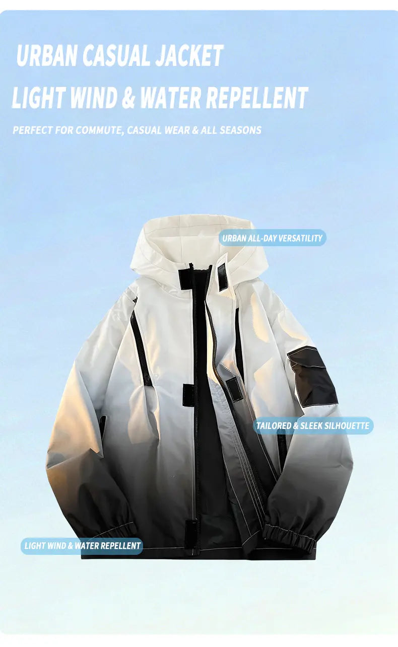 Men’s Gradient Long Sleeve Hooded Work Jacket - Polyester, Loose-Fit, Zip-Up, Multiple Pockets, Windproof, Casual Fashion Outerwear, Modern Style Lightweight Work Jackets, Zip Up Hoodies