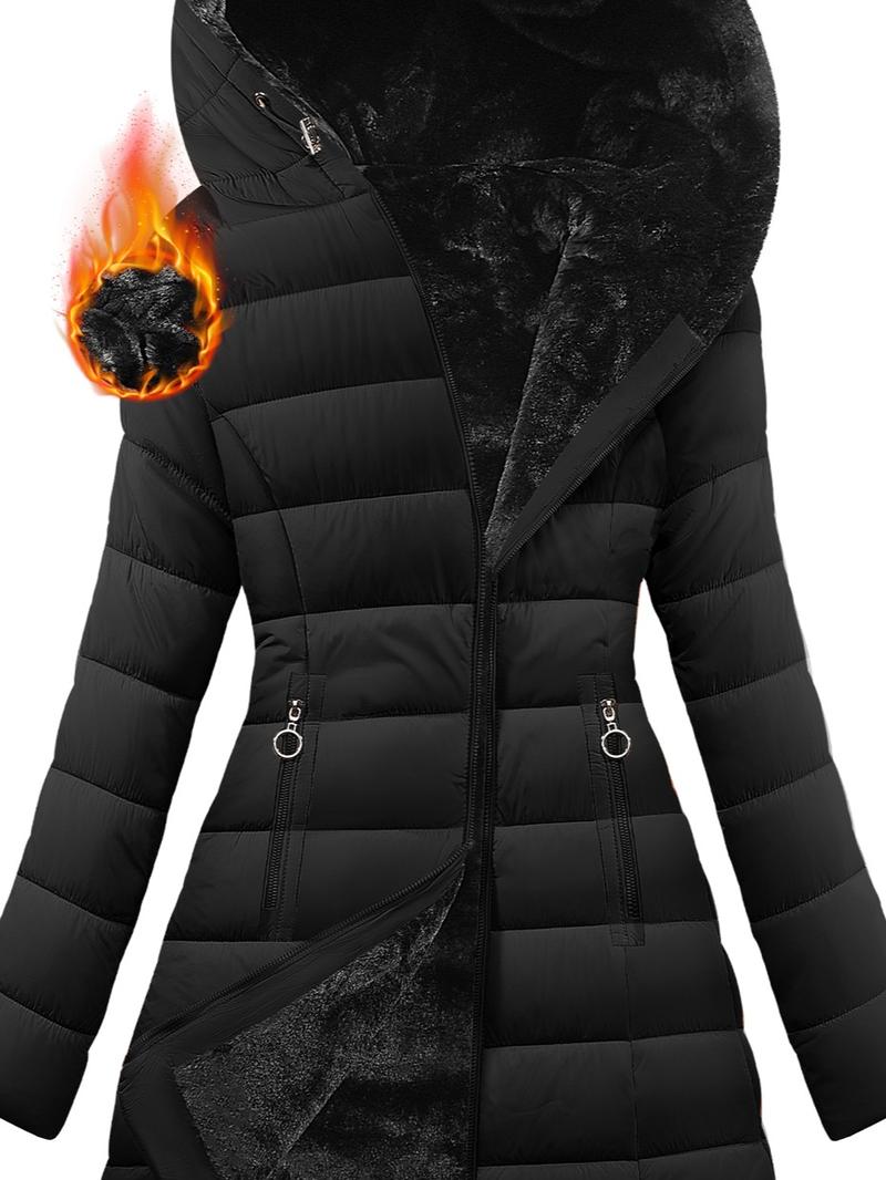 Women's Winter Thick Down Jacket - Casual Winter Coat, Longsleeves, Medium Length Fleece-Lined Parka with Faux Fur Hood Outerwear Black Basic