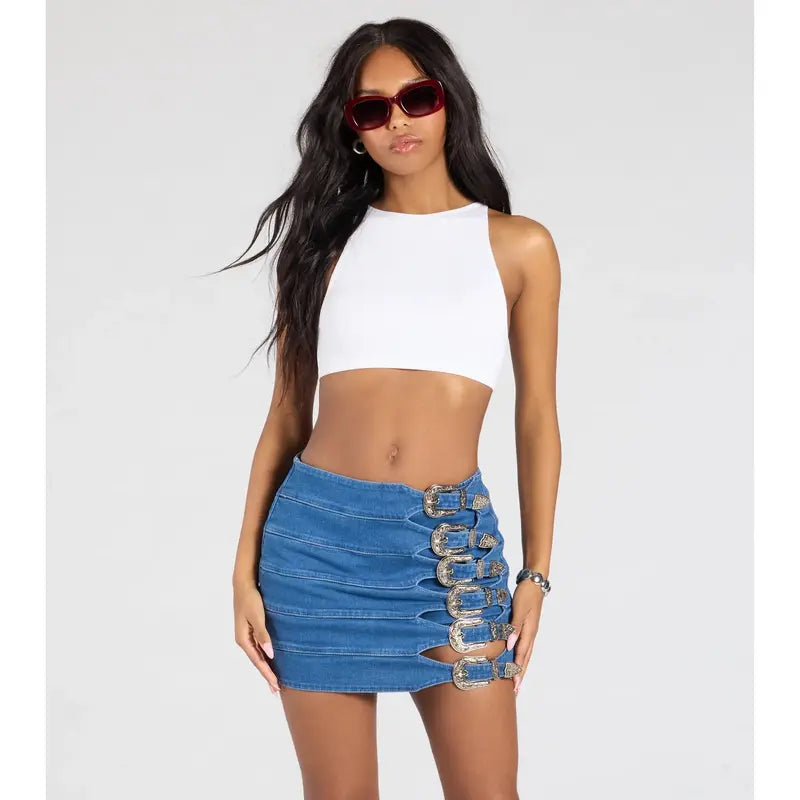 Buckle Down High-Rise Denim Skort