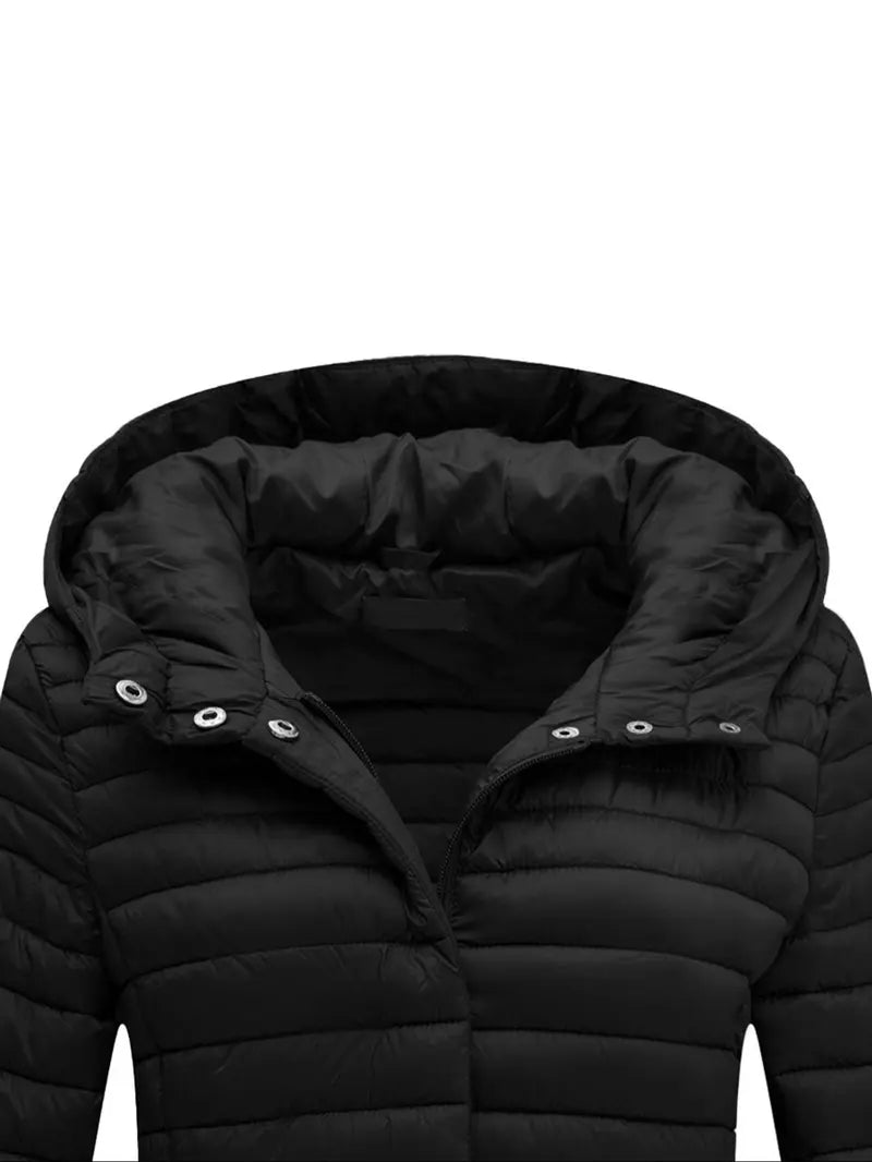 Women's Mid-Length Puffer Coat, Casual Hooded Top with Pockets and Buttons, Fall & Winter Warm Woven Outerwear, Lightweight Thick Fabric Womenswear