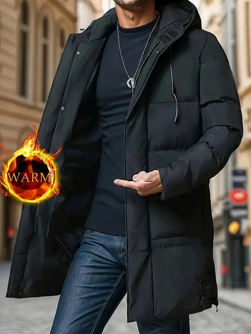 Men's Thick Winter Warm Coat Plus Size Cold Weather Jacket with Hood Long Sleeve Front Button Design Suitable for Extreme Cold Daily & Formal Occasions Durable Winter Clothing Winter Jackets Cold Weather Coats Hooded Casual Coats Black Loose Cotton