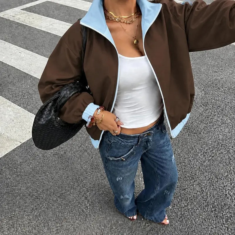 Women Reversible Zip Up Track Jacket, Striped Sleeve Stand Collar Windbreaker, Two Wear Ways Loose Drop Shoulder Outerwear, Elastic Cuffs Casual Athletic Coat, Lightweight Reversible Sport Jacket For Daily Streetwear, Shopping And Weekend Hangouts
