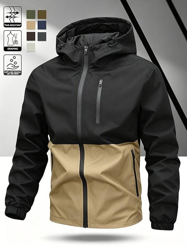 Men’s Color-Block Hooded Hardshell Coat - Tear-Resistant, Wear-Resistant Menswear with Contrast Zip, Multiple Waterproof Zippered Pockets, Adjustable Drawstring Hood, Long-Sleeve Outerwear for Autumn/Winter Mountaineering, Hiking