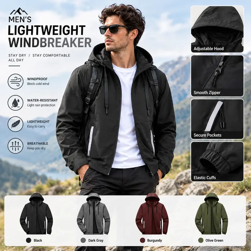 Men's Standard Lightweight Stylish Plain Polyester Hooded Windbreaker Jacket - Menswear Tops, Long Sleeve, Water-Resistant, Full-Zip, Reflective Zipper Pockets, Casual Coat for Outdoor Hiking, Daily Wear