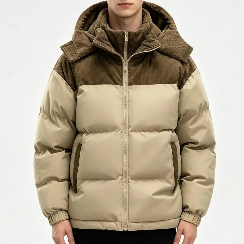 Men's Winter Color-Block Hooded Down Jacket - Thick, Warm, Loose-Fit, Detachable Hood, Contrasting Panels, Ideal for Everyday Commuting, Outdoor Activities