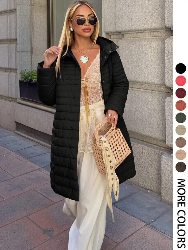 Women's Mid-Length Puffer Coat, Casual Hooded Top with Pockets and Buttons, Fall & Winter Warm Woven Outerwear, Lightweight Thick Fabric Womenswear