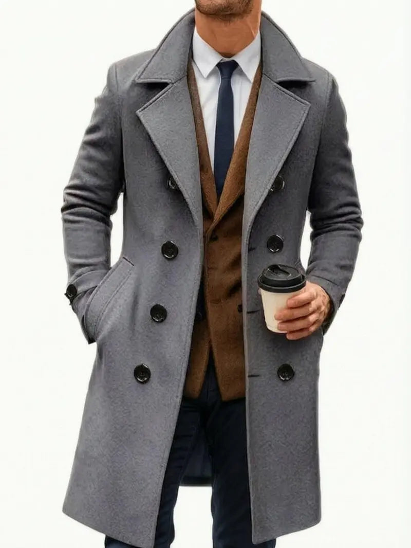 Men’s long trench coat jacket with notched lapel collar, double-breasted design, slim fit, classic mid-length overcoat