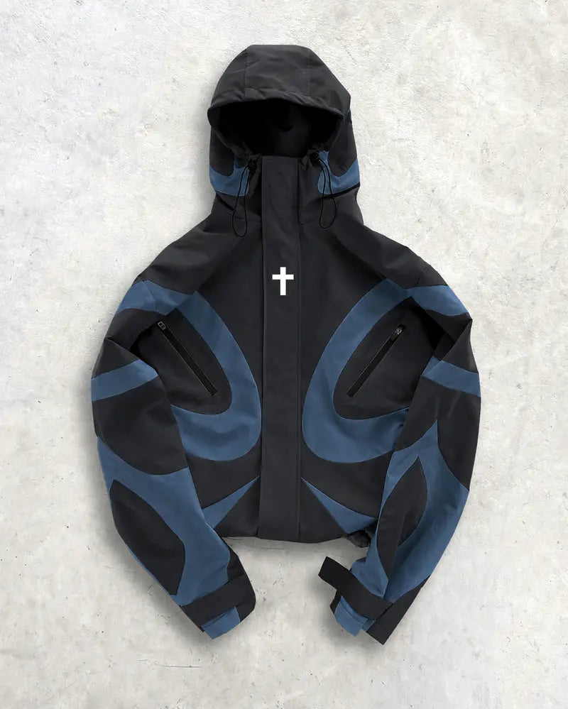 Men's Baggy Cross-Print Hooded Zip-Up Techwear Windbreaker Jacket - Textured Woven Fabric, Waterproof, Long-Sleeve, Lightweight, Unisex Fit, Patchwork, Outdoor/Party/New Year Wear, Biker Streetwear Work Top