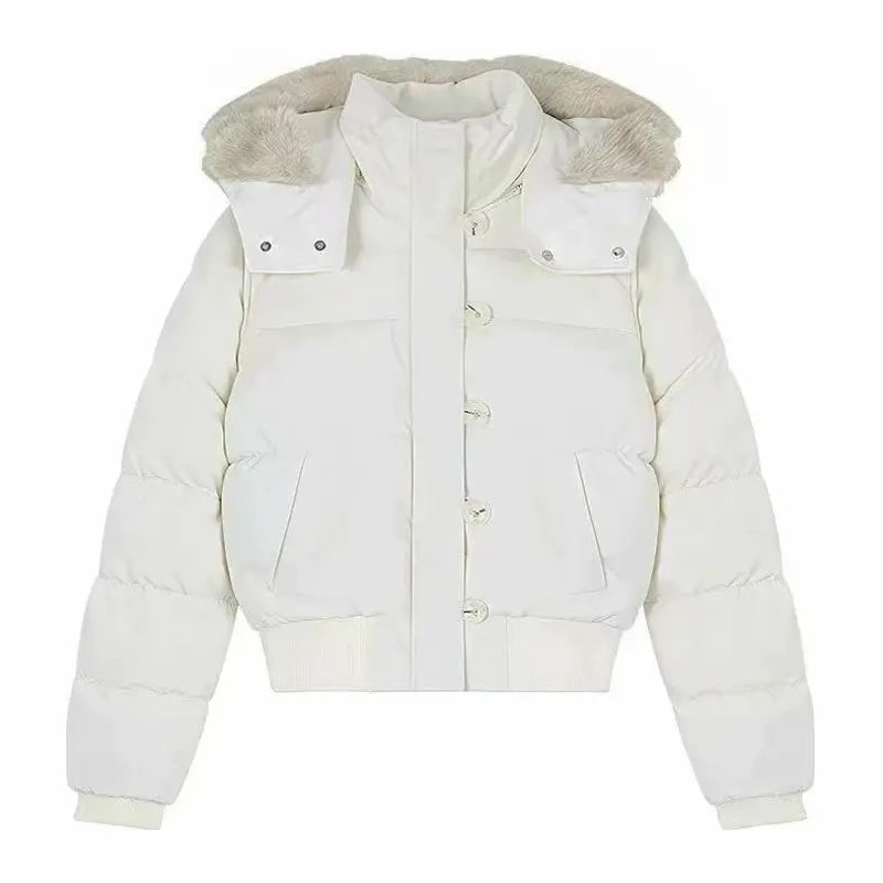Autumn Winter Fur Hooded Jacket Women Outerwear Thick Dowon Cotton Padded Slim Short Parkas Female Cropped Puffer Bubble Coat