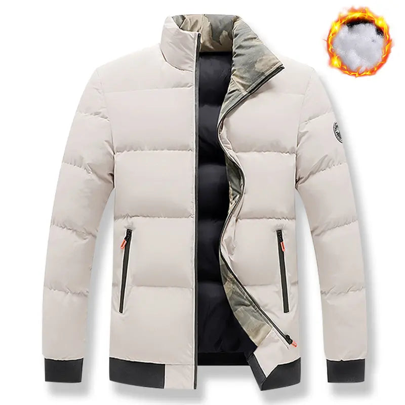 Men's Plain Fitted Long-Sleeve Windproof Stand-Collar Jacket - Zipper Closure, Cold-Weather Outerwear, S Size
