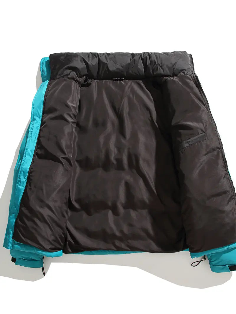 Men’s Winter Contrast‑Color Stand Collar Puffer Jacket, Windproof Warm Regular‑Fit Outer Coat, Casual Loose Outerwear for Daily Lifestyle & Outdoor Activities
